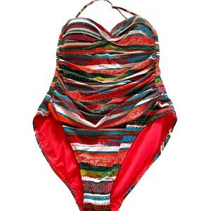 Annie Cole Apricot Muti-Colored Stripe Halter Swimsuit with Built-In Bra Size 14